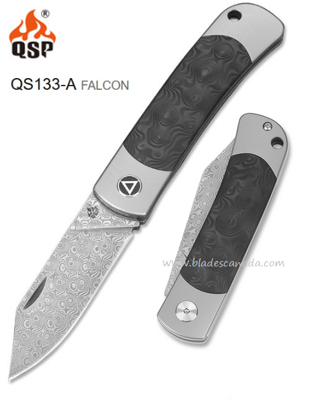 QSP Falcon Slipjoint Folding Knife, Damascus Steel, Carbon Fiber, QS133-A - Click Image to Close
